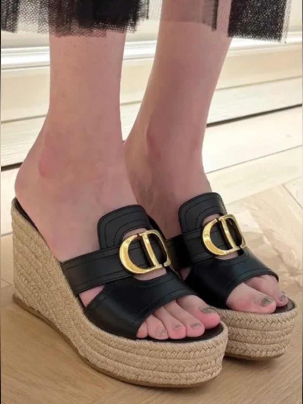 Christian Dior Black Leather Espadrille Wedge Slide - Gold Logo